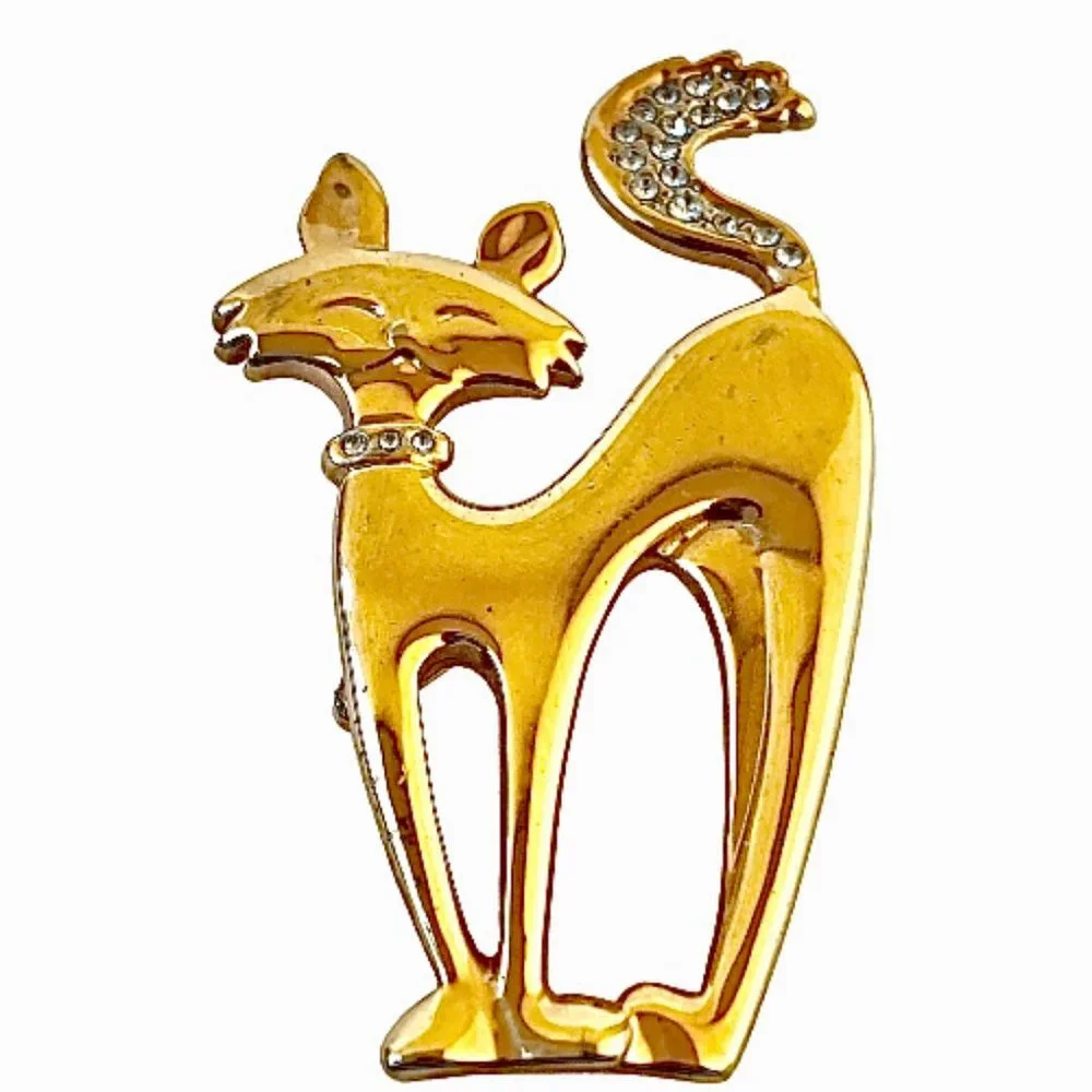 Cat Pin Brooch Mod Sophisticated Kitty Gold Tone & Rhinestone Collar & Tail